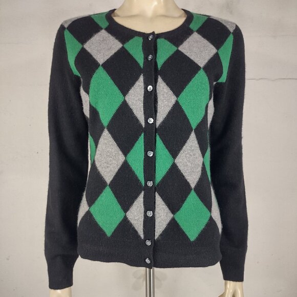 Apt. 9 black gray green argyle 100% cashmere button up cardigan sweater Medium - Picture 1 of 6